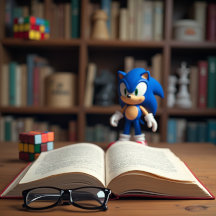 livro-aberto--sobre-mesa-com-ítens-tipicamente-nerds-como-cubo-mágico-e-action-figure-de-soni-the-hedgehog