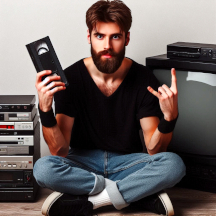 Nerd-jovem-com-fita-de-vídeo-e-tv.